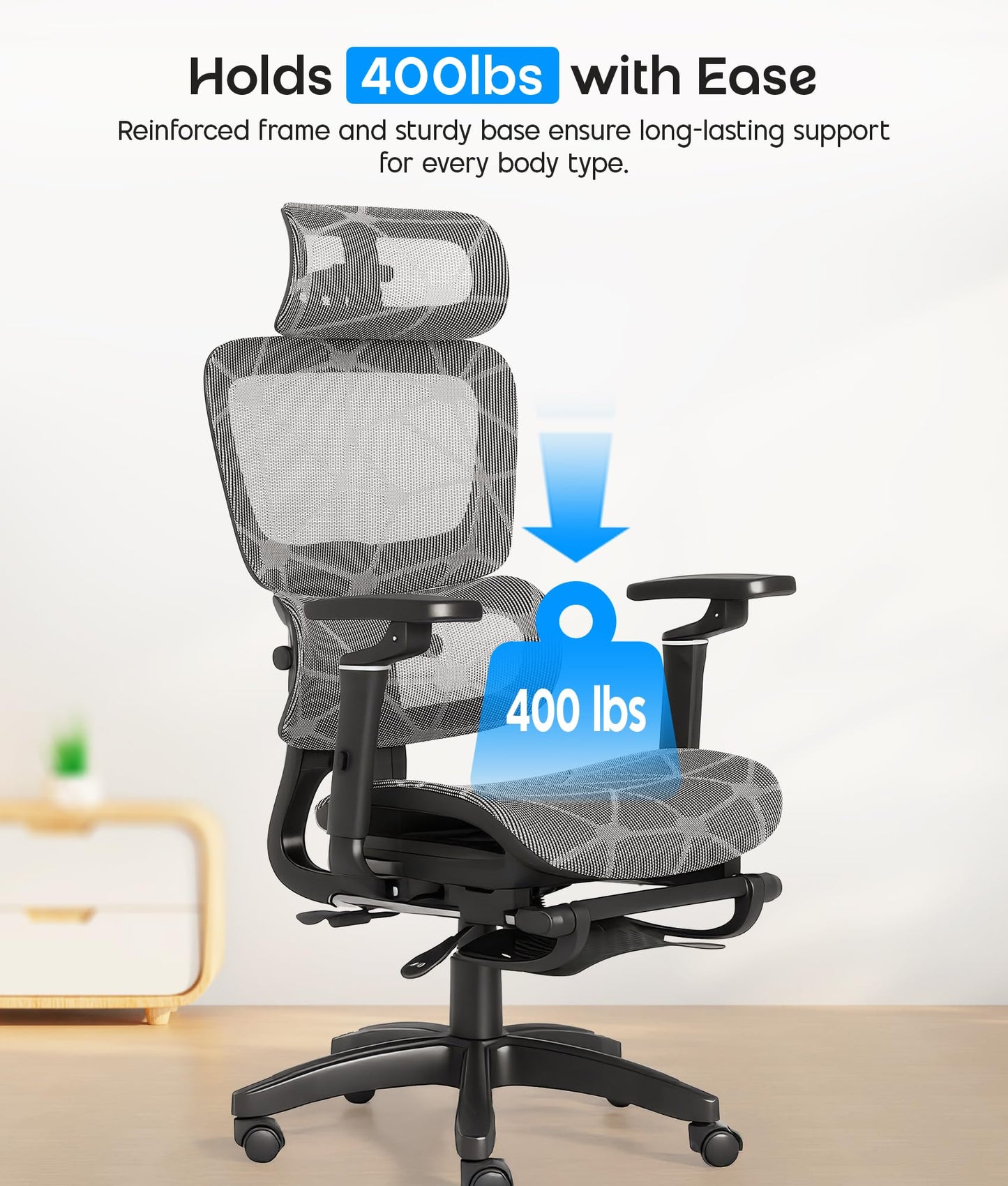 CHI ENERGY Ergonomic Desk Chair, Reclining Office Chair with Footrest, High Back Computer Chairs, Adjustable Lumbar Support, Headrest and 6D Armrest