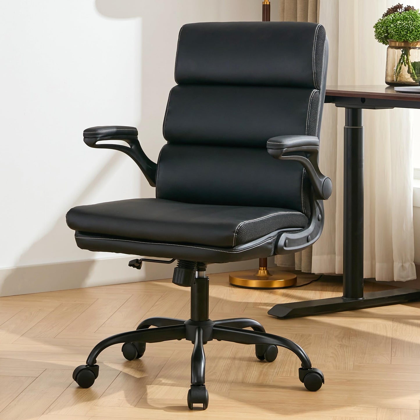 LukkDys Executive Office Chair with Flip-Up Armrests, 3-Stage Lumbar Support, Ergonomic Mid Back PU Leather Swivel Chair