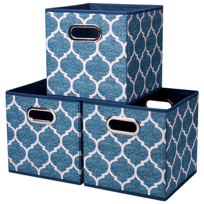 HSDT 3 Cube Storage Bins Blue Navy 10.5x10.5x11 Inch Foldable Grid Lantern Print Fabric Half Storage Basketes for Home Organizers Storage