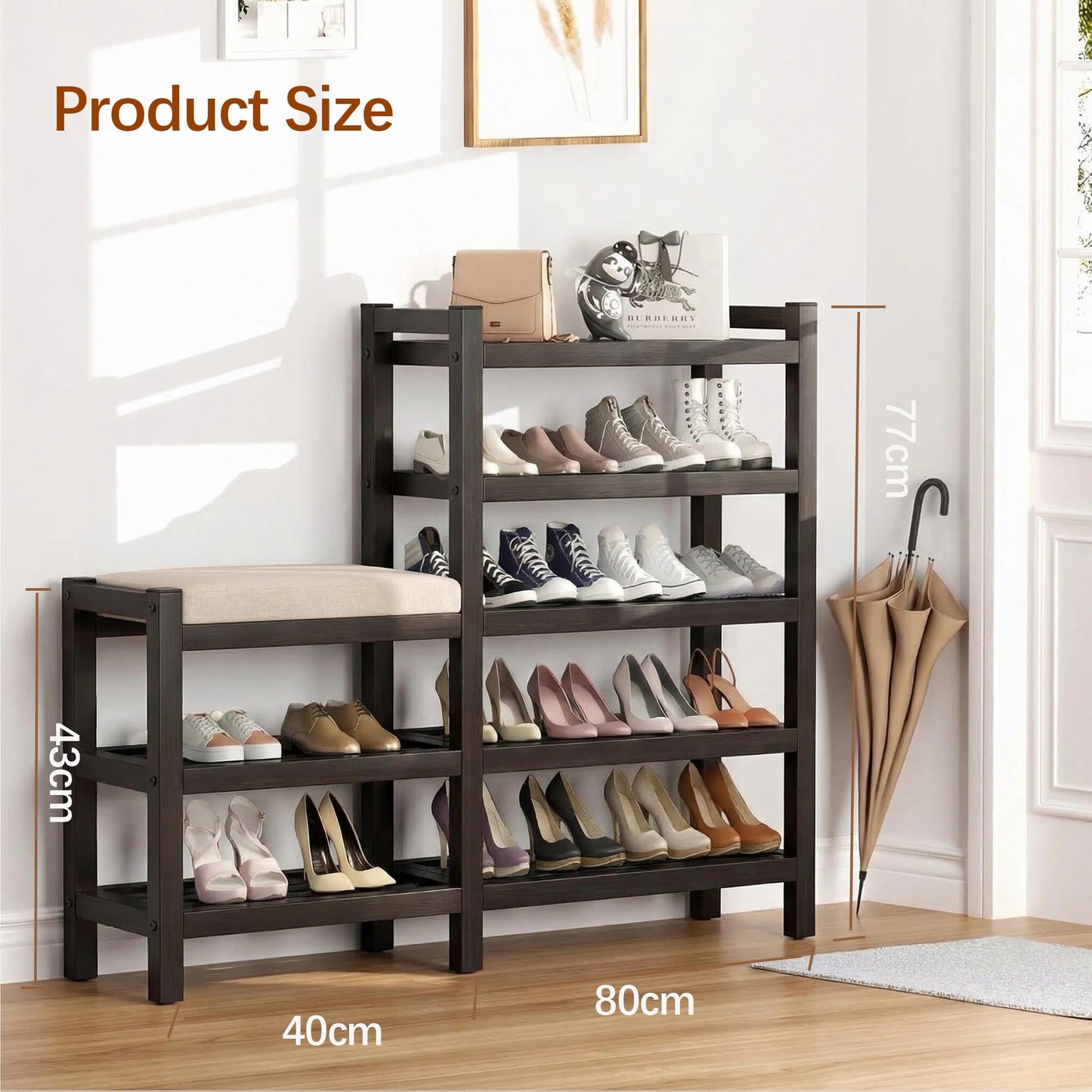 Shoe Storage Bench，Shoe Rack，Shoe Bench, 5 Tier Shoe Organizer Shelf，Shoe Rack with Padded Seat