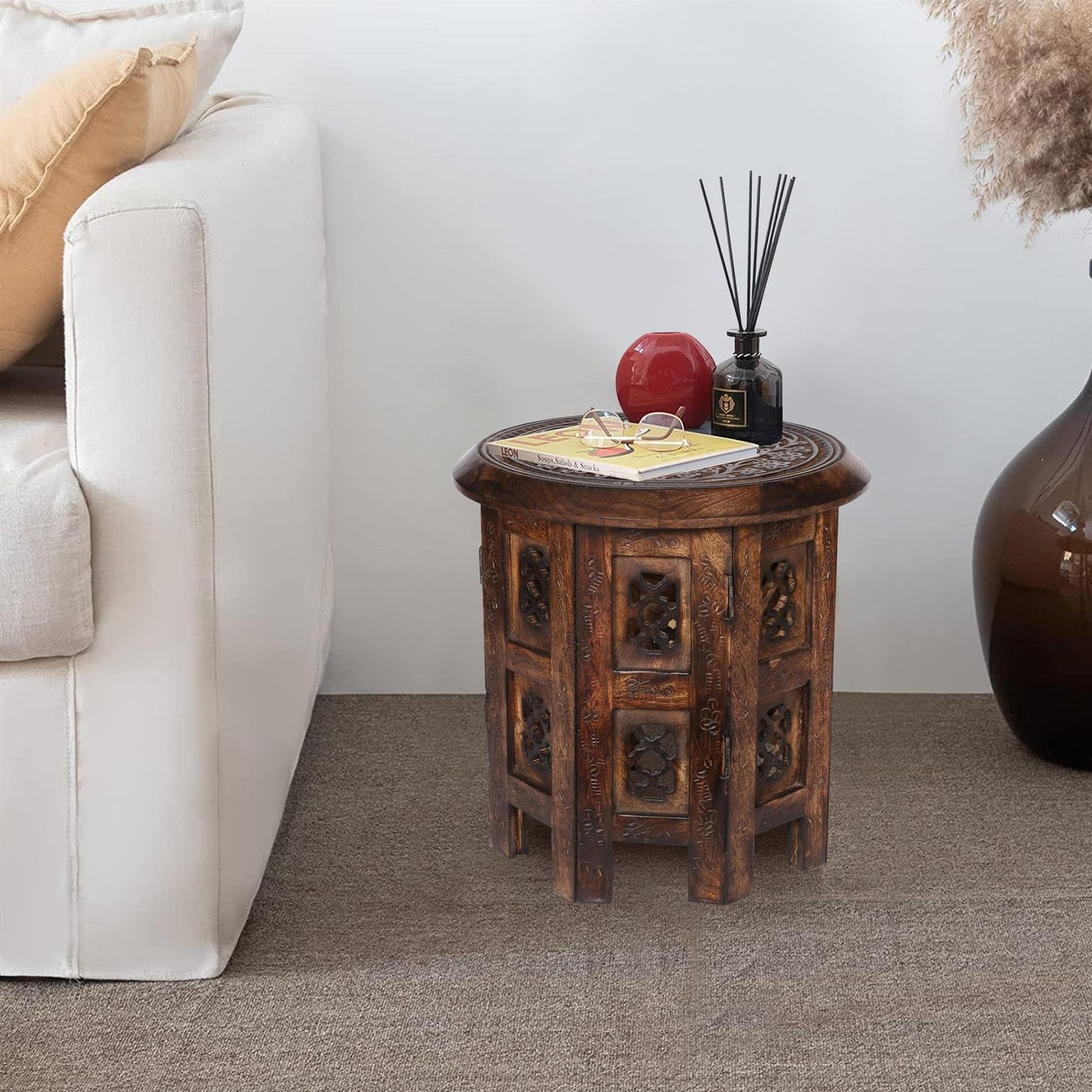 topfurnishing Beautiful Round Hand Carved Indian Shesham Wooden Coffee Table Side Brown Small 12"x12"x12" 30.5cm