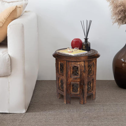 topfurnishing Beautiful Round Hand Carved Indian Shesham Wooden Coffee Table Side Brown Small 12"x12"x12" 30.5cm