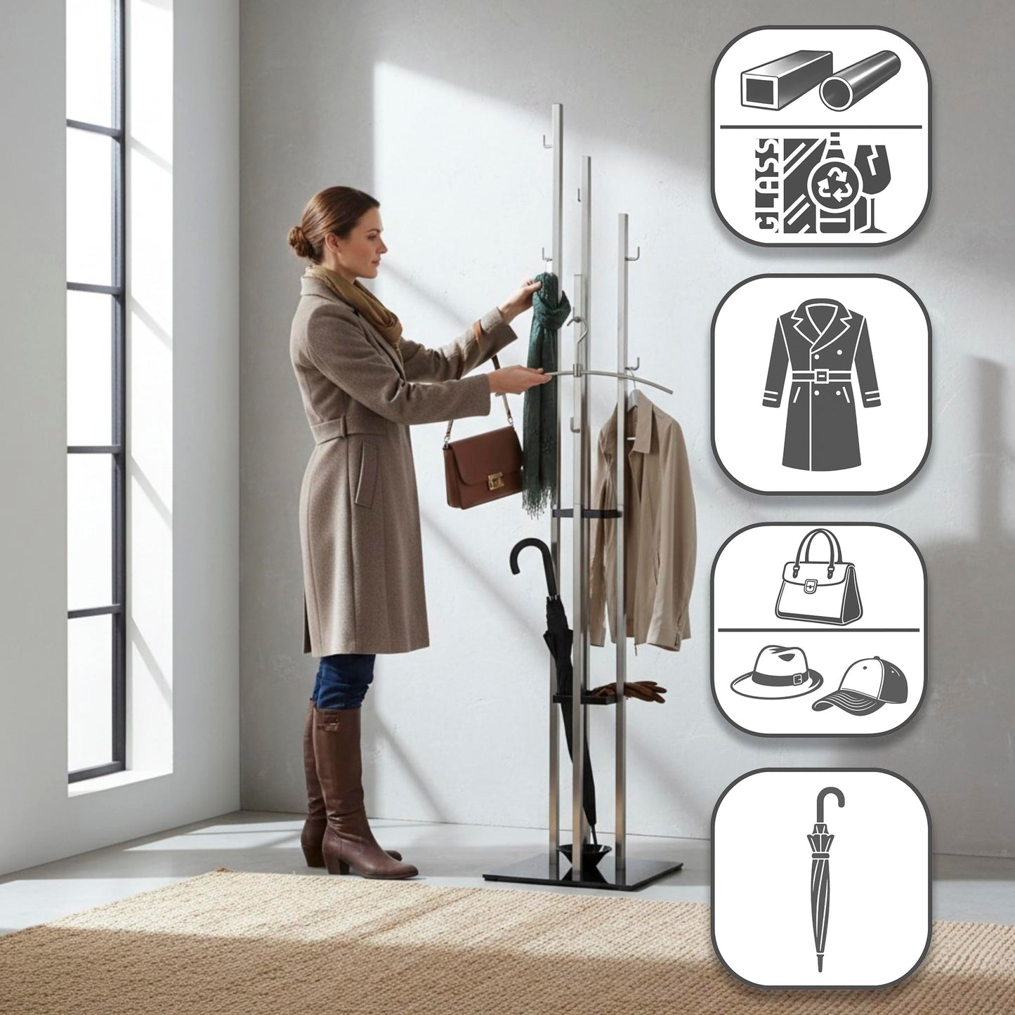 HAKU Coat rack in stainless steel finish, black, metal, 8 mm safety glass coat rack – dimensions: W 35 x H 182 x D 35 cm, style: modern