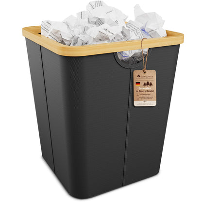 Vireon Waste Paper Bin with Bamboo Frame 30L Waste Basket with Oxford Fabric - Desk Bins for Office & Home Accessories (Black, Square, 30, Litres)