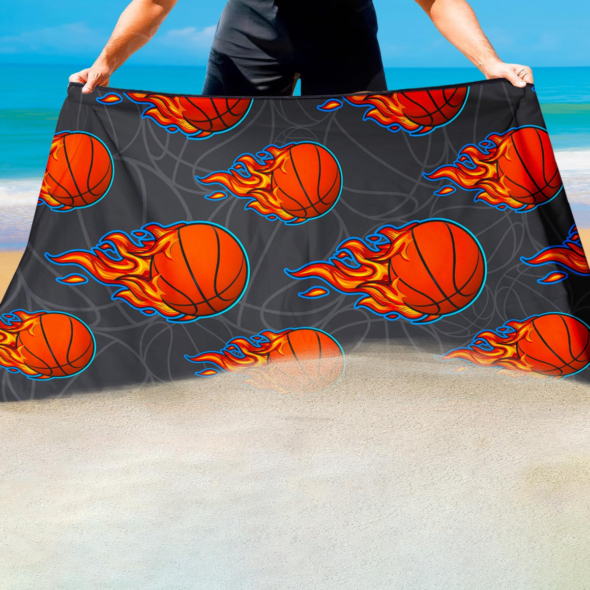 Violetpos Flaming Basketball Beach Towel, Extra Large 180x90 cm 250GSM Microfibre, Sand Free Quick Dry
