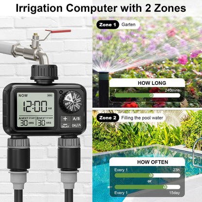 Xtsuen Water Timers for irrigation, Hose Timer with Rain Delay/Automatic & Manual Mode, Sprinkler Timer for Garden IPX5 Waterproof/Large Screen LCD