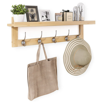 SMIBUY Coat Hooks with Shelf Wall-Mounted, 74 cm Entryway Coat Rack for Wall, Bamboo Hanging Shelf with 5 Double Metal Hooks for Bathroom, Bedroom