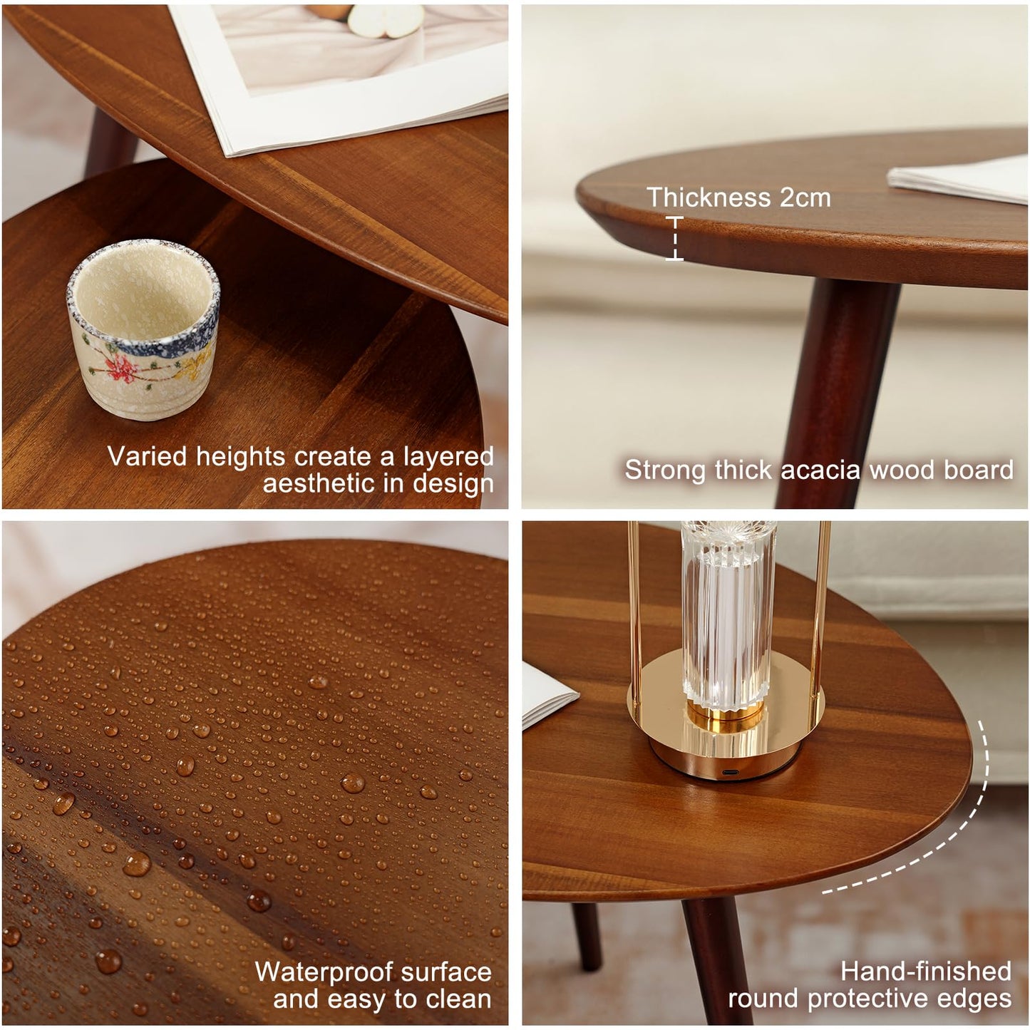 Vanpoo Small Oval Coffee Tables Set,Acacia Wood Nesting Tables（25.6"x17.7"+17.7"x13.4" for Living Room Small Spaces Office,Easy Assembly Wooden