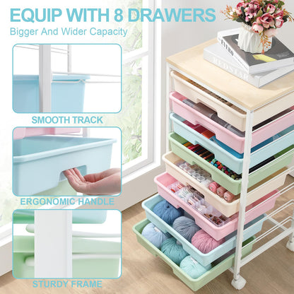 SYKIARIOL 8-Drawer Storage Trolley Rolling Cart with Lockable Wheels
