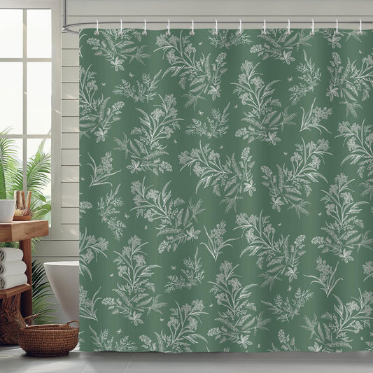 COZZSNUGE Vintage Floral Shower Curtain, Boho Plants Farmhouse Green Bathroom Curtain 183 x 183 cm, Water Repellent Mildew Resistant Polyester with 12