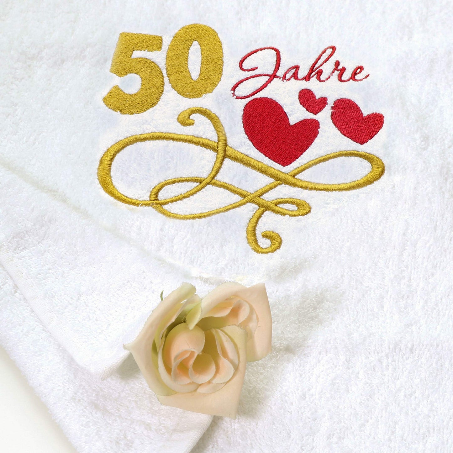 Gift Towel for 50th Birthday with Embroidered Hearts and 50 Years for Women and Ladies - 50th Anniversary Gift Idea