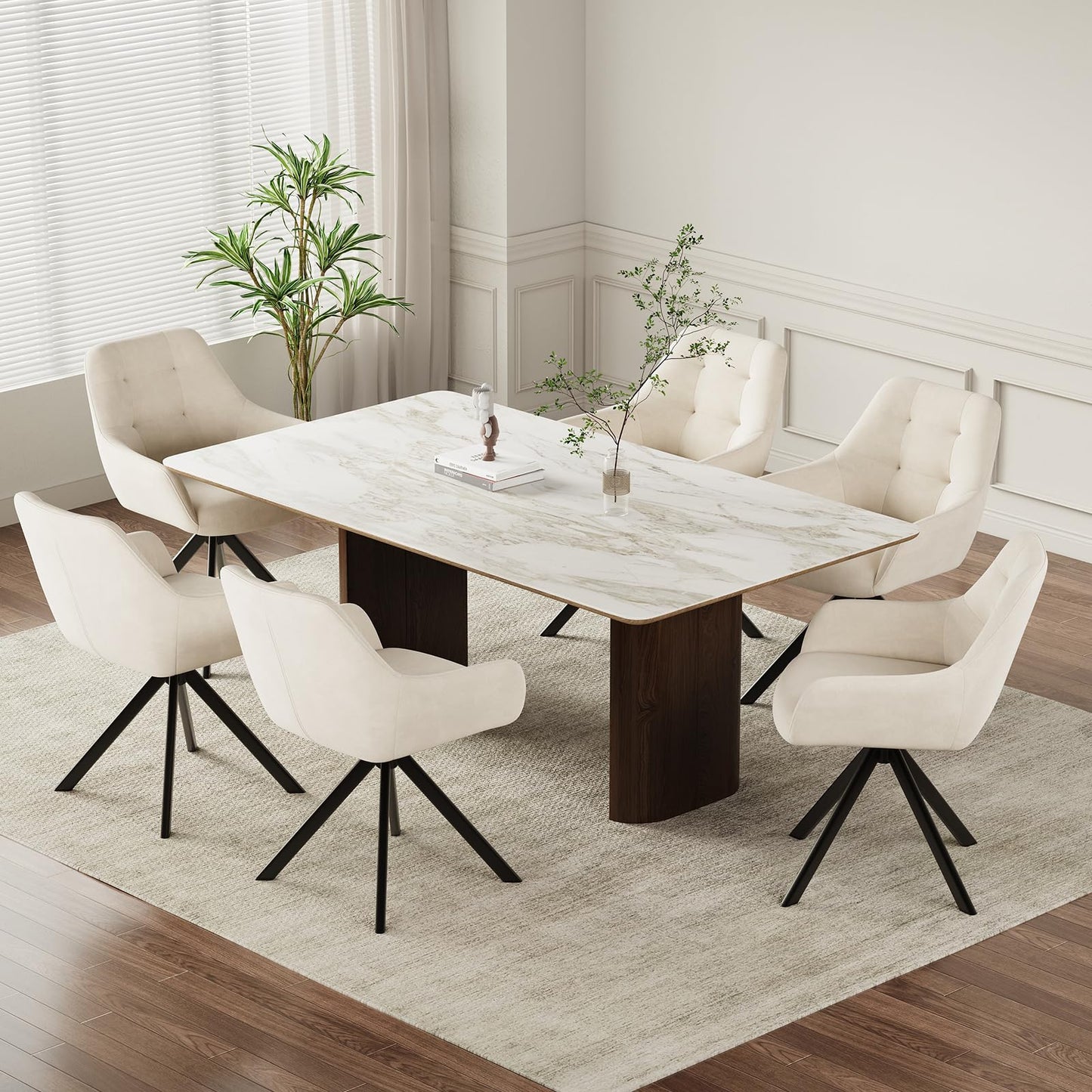 COLAMY 360° Swivel Dining Chairs Set of 6 with Sturdy Metal Base – Luxury Velvet Upholstered Kitchen Chairs with Thick Padded Seat