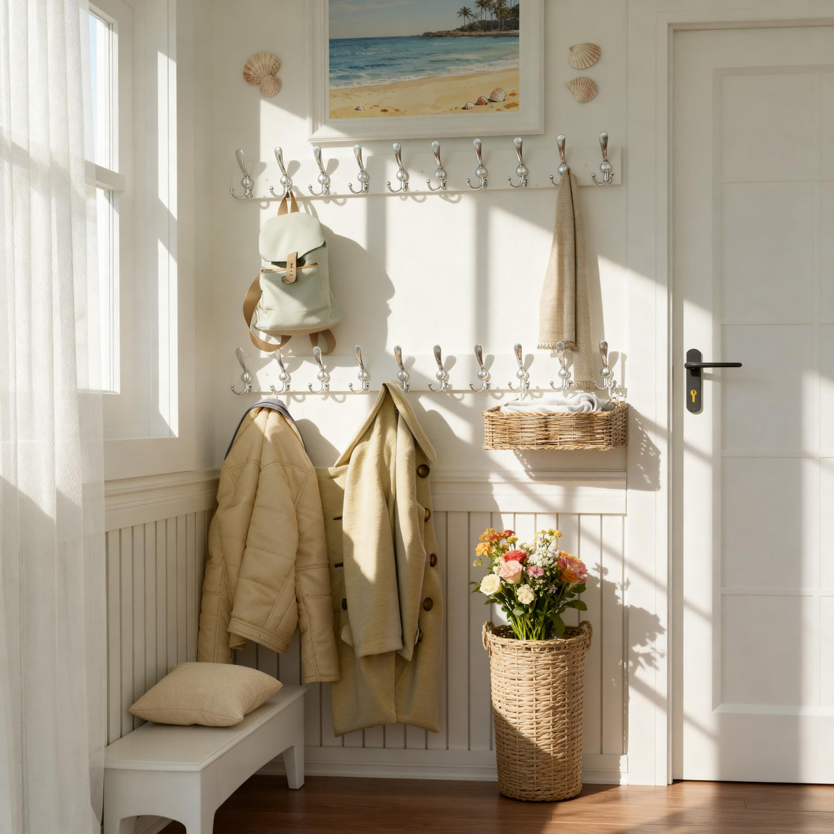 SKOLOO Creations White Solid Wood Wall Mounted Coat Rack, 10 Hooks, 38-1/8" Long - Kitchen, Mudroom, Entryway, Bathroom - Includes Mounting Hardware