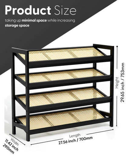 KEPLIN 4 Tier Bamboo and Rattan Shoe Organiser Rack – Eco-Friendly, Durable, Easy Assembly – Compact Design for Entryway, Closet, or Hallway