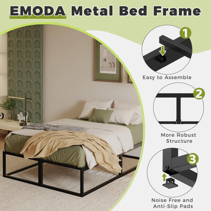EMODA Metal Bed Frame 140 x 190cm with Steel Slats Support, Black