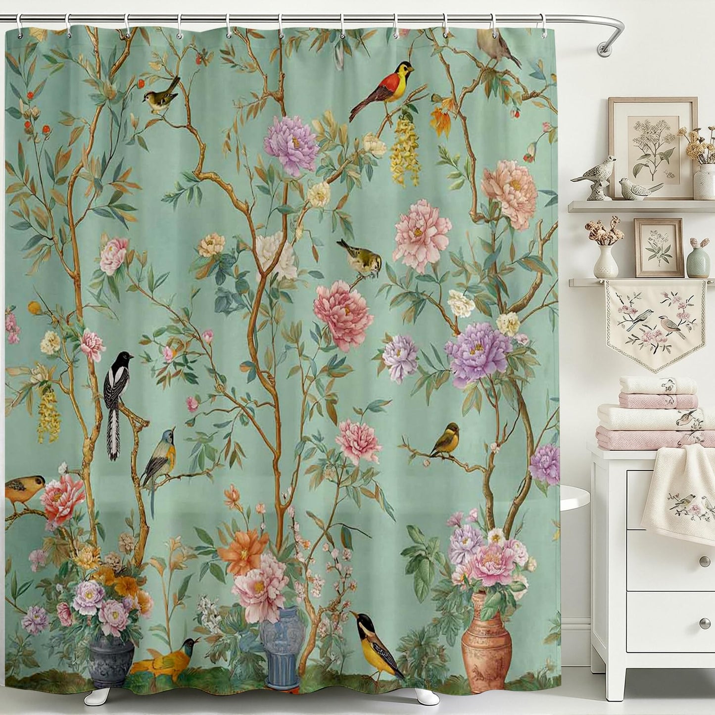 Avezano Bird Shower Curtain Bird Floral Green Bathroom Shower Curtain Spring Aesthetic Waterproof Fabric Shower Curtains Bathtub Decor with 12 Hooks