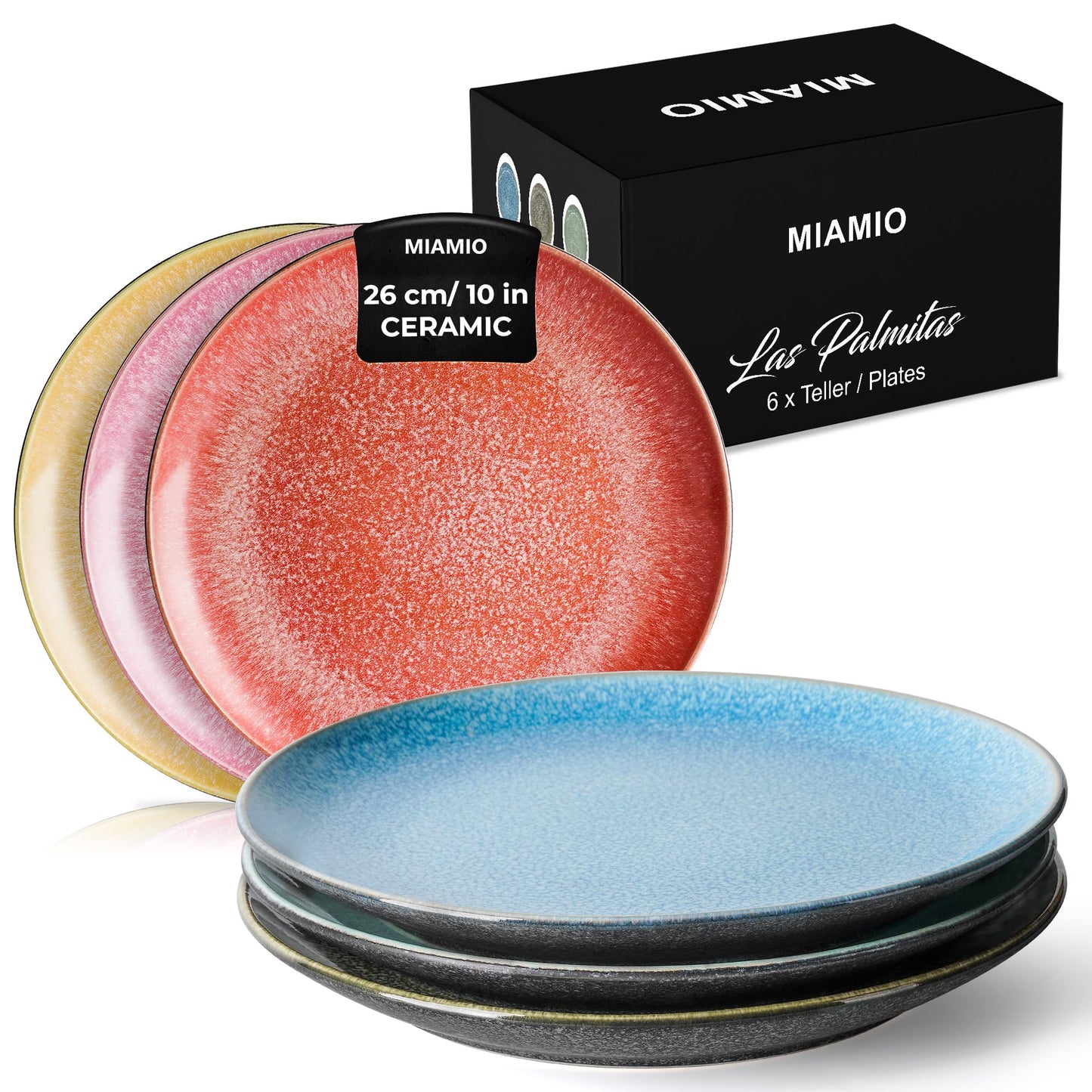 MIAMIO ? Set of 6, 26 cm Dinner Plates, Ceramic Plates, Kitchen Plates, Plate Sets ? Microwave Safe Plates, Oven and Dishwasher Safe ? Las Palmitas