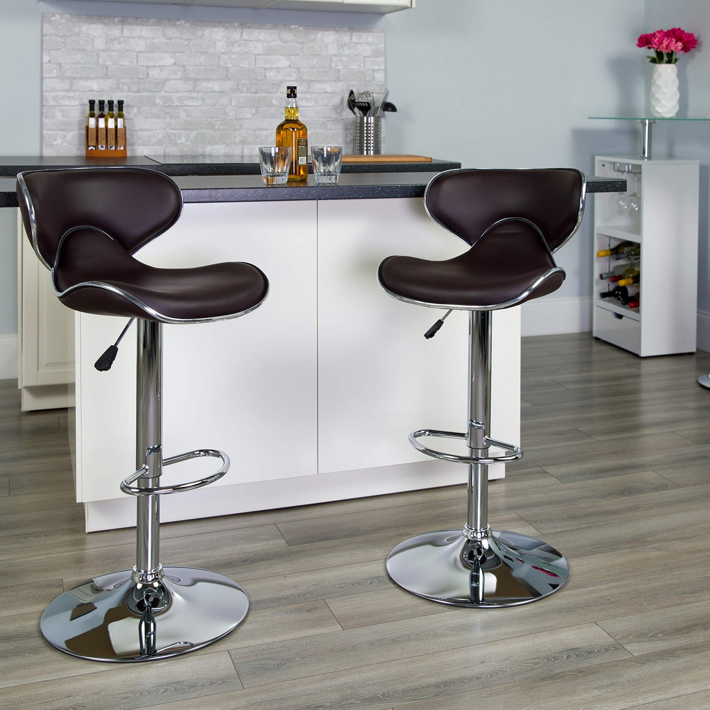 Flash Furniture Aidan 2 Pack Contemporary Cozy Mid-Back Brown Vinyl Adjustable Height Barstool with Chrome Base