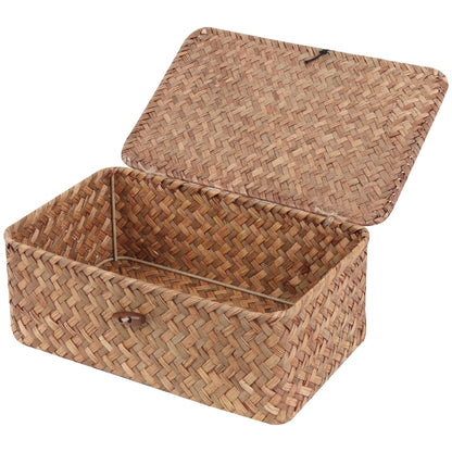 FEIALNDUO Wicker Shelf Baskets with Lid,Seagrass Storage Basket Bins Rectangular Handwoven Basket Boxes for Shelves Desktop Home Organizer