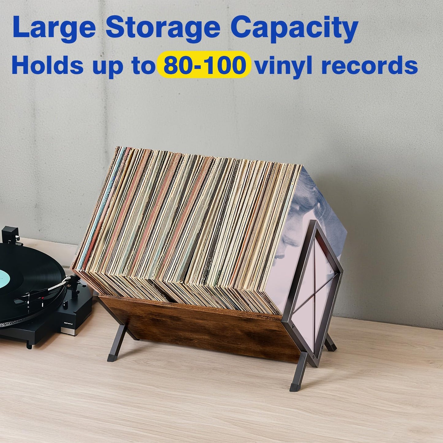 GHWMYD Vinyl Record Stand for 80-100 LPs, Metal Record Storage with Non-Slip Separator Clamp, Record Shelf Easy to Assemble