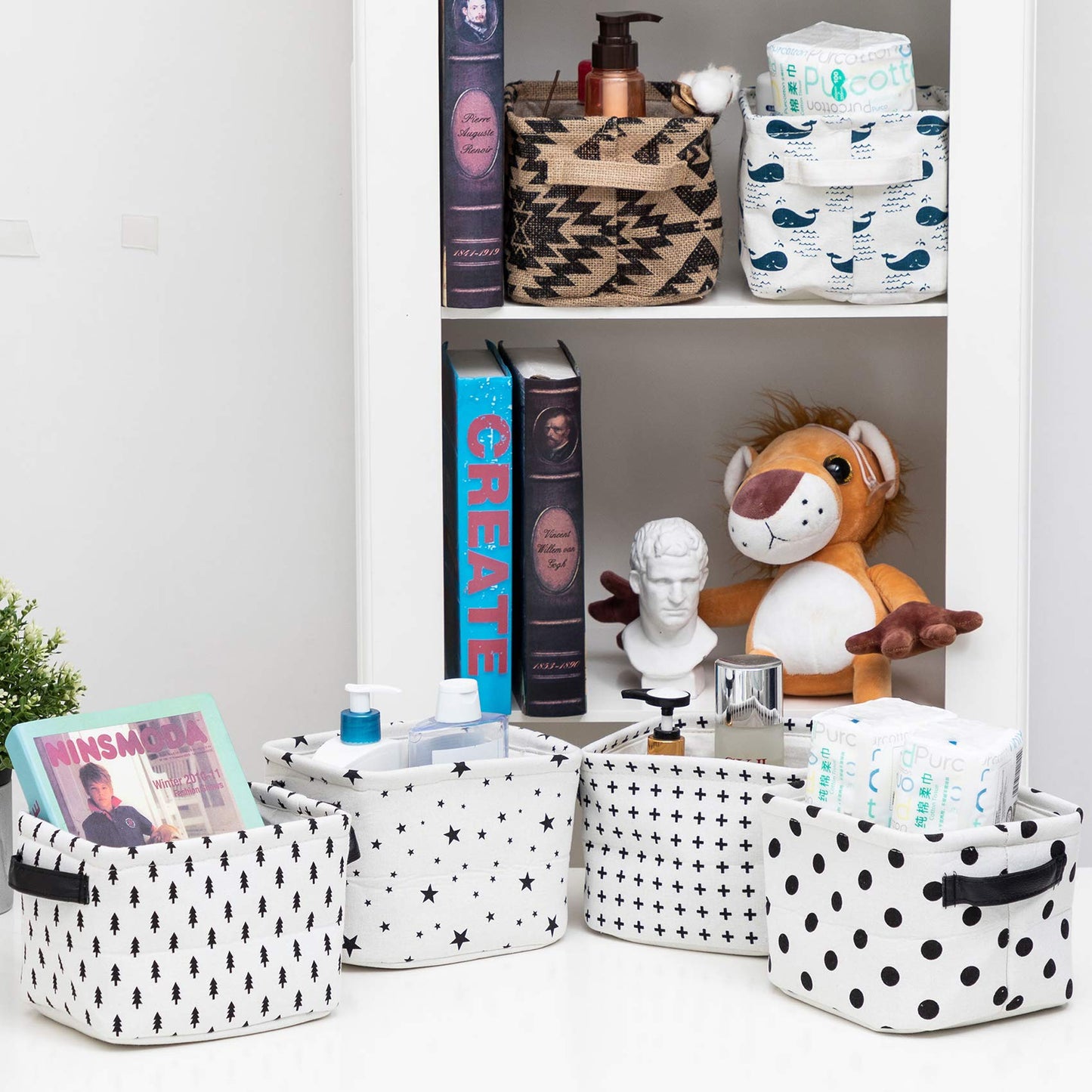 LessMo 4 Pack Storage Baskets, Collapsible Mini Storage Boxes, Canvas Fabric Waterproof Storage Bins made from Cotton and Linen, for Toys, Bathroom