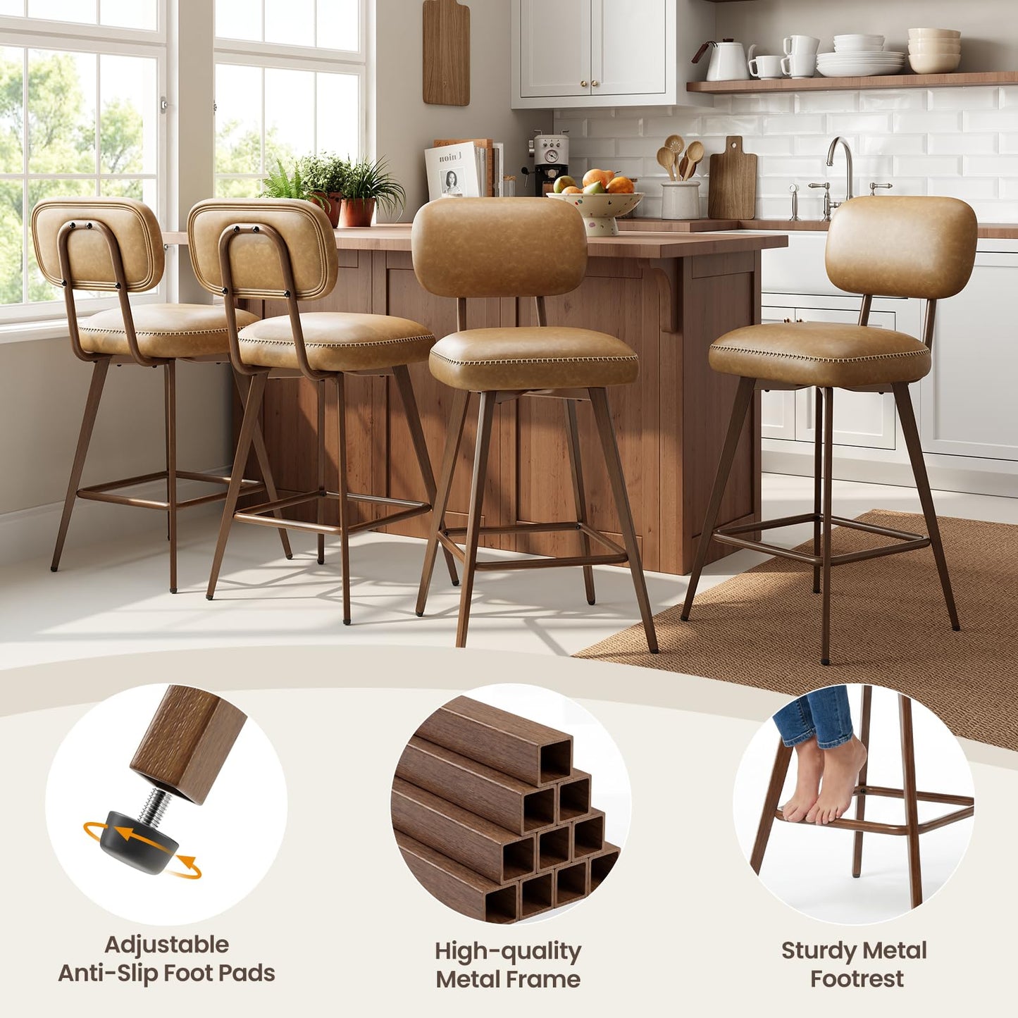 MALOL PU Leather Breakfast Bar Stools Set of 2, Swivel Kitchen Bar Chairs with Backrest and Metal Legs