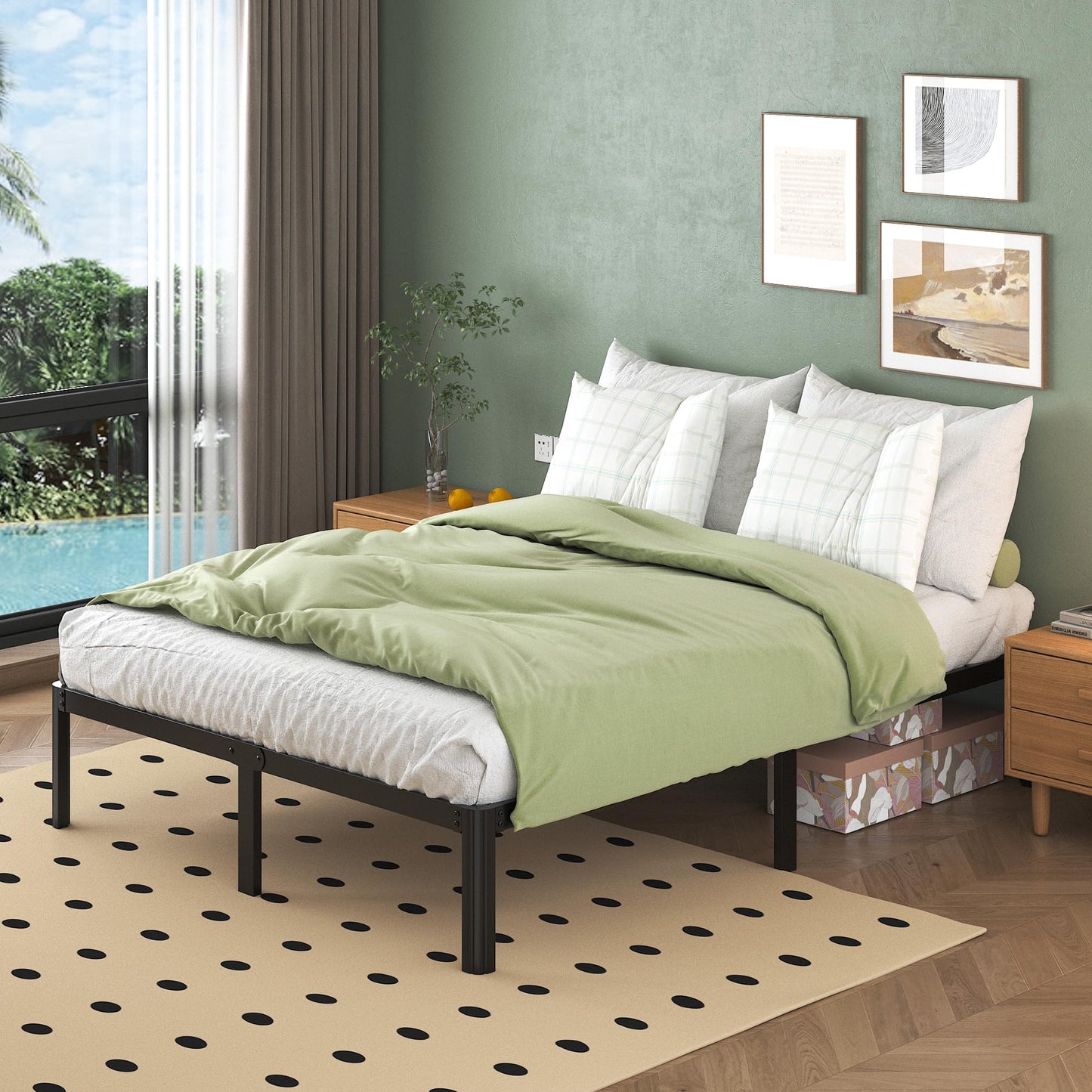 Lutown-Teen Double Bed Frame 4ft6 with Rounded Corner Legs, Heavy Duty Metal Bed Frame Small Double with Steel Slats Support, Double Bed 36 cm High,