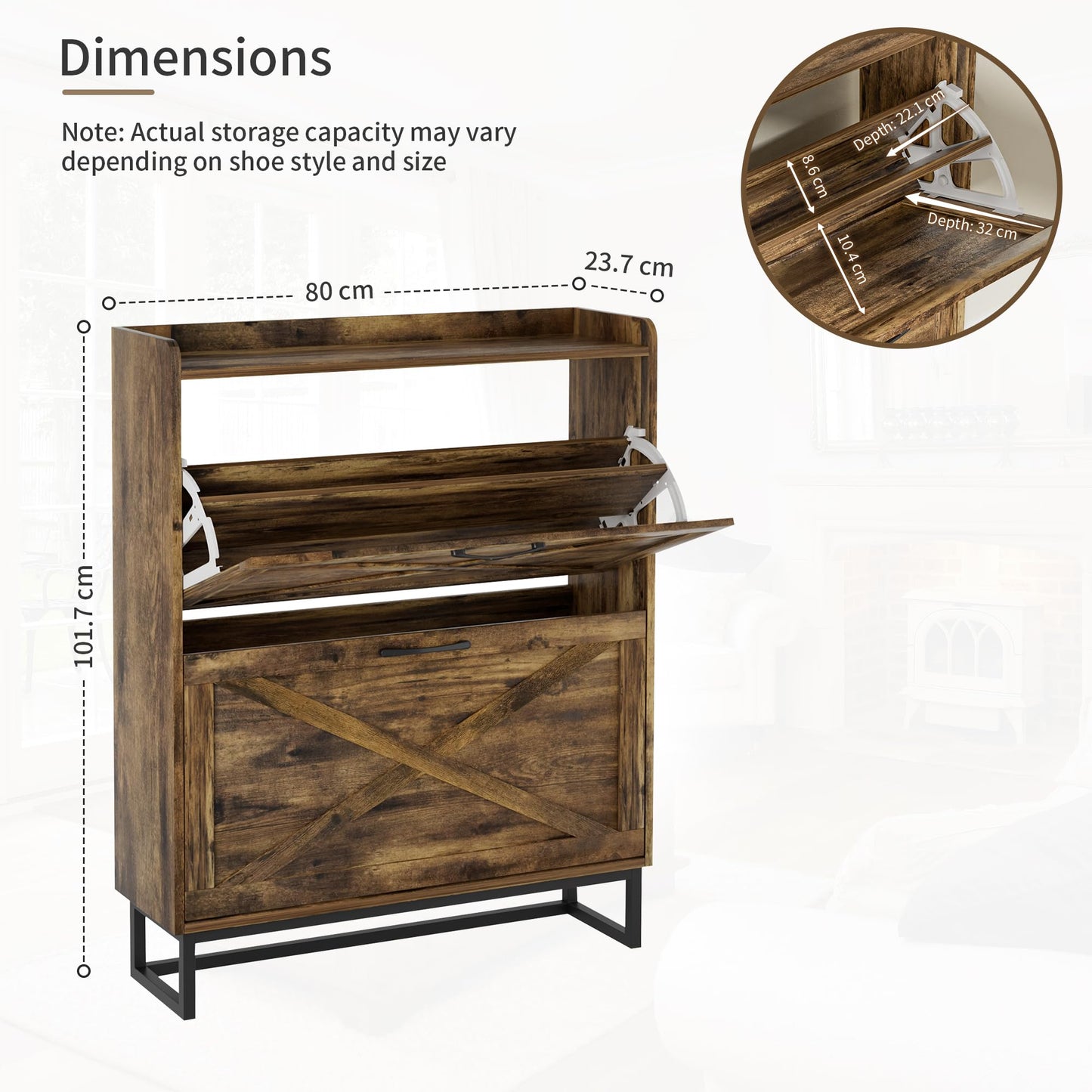 BonVache Rustic Shoe Cabinet 80cm Width For Hallway, Brown Cabinet Shoes with 2 Drawer Can Storage 16-20 Pairs of Shoes