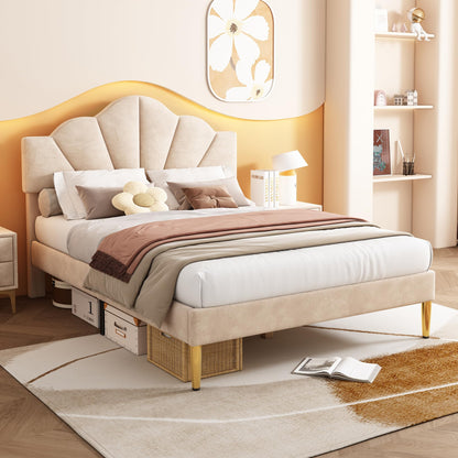 ＭodernLuxe Upholstered Double Bed, 4FT6 Shell-like Bed Frame with Golden Iron Legs and Height-adjustable Headboard Filled with High-density Foam