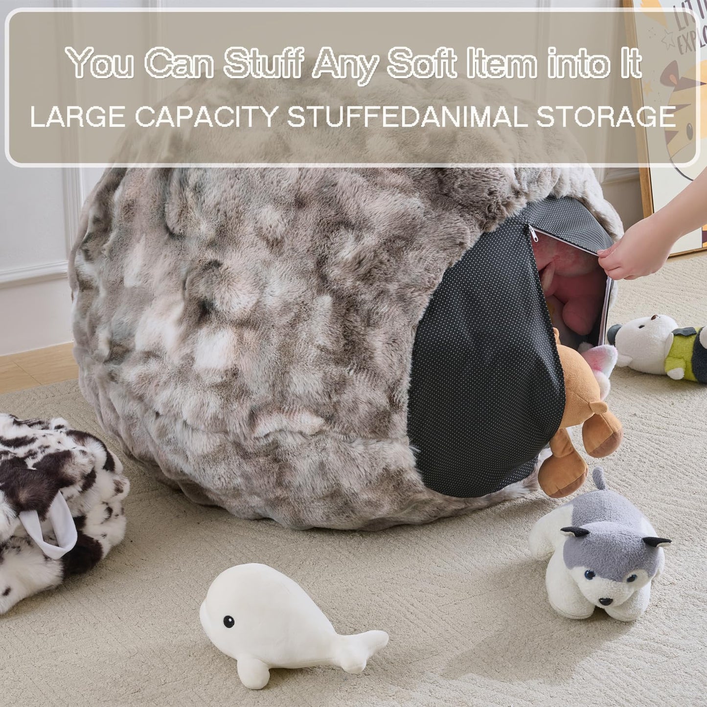 Fluffy Faux Rabbit Fur Bean Bag Chair Cover(No Filler),Cozy Shaggy Bubble Stuffed Animal Storage Large Bean Bag Cover for Bedroom Living Room,Fuzzy