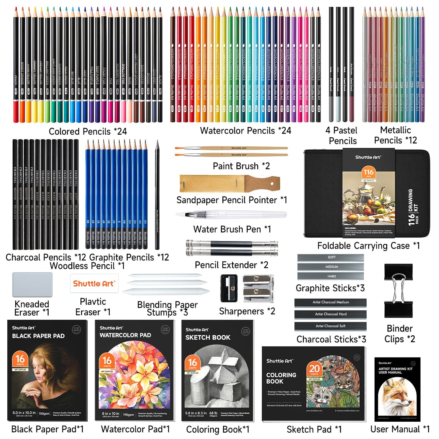Shuttle Art 116 Pack Sketching and Drawing Pencils Set, Sketch Art Pencil Set with 4 Drawing Pads, Graphite Pencils in Zipper Case, Colouring Pencils