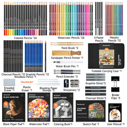 Shuttle Art 116 Pack Sketching and Drawing Pencils Set, Sketch Art Pencil Set with 4 Drawing Pads, Graphite Pencils in Zipper Case, Colouring Pencils