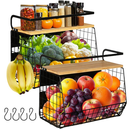 OMISHINE 2 Set Magnetic Shelf, Fruit Baskets for Kitchens, Spice Rack Fruit Bowls 2 in 1 Onions and Potatoes Storage, Vegetable Organiser, Magnetic