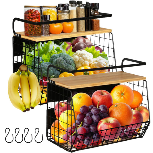 OMISHINE 2 Set Magnetic Shelf, Fruit Baskets for Kitchens, Spice Rack Fruit Bowls 2 in 1 Onions and Potatoes Storage, Vegetable Organiser, Magnetic