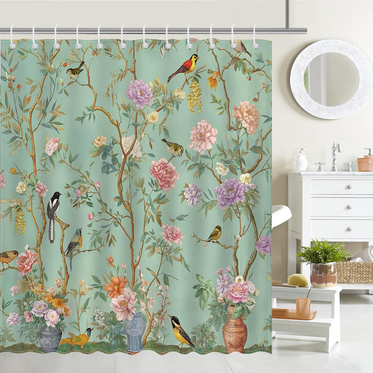 Avezano Bird Shower Curtain Bird Floral Green Bathroom Shower Curtain Spring Aesthetic Waterproof Fabric Shower Curtains Bathtub Decor with 12 Hooks