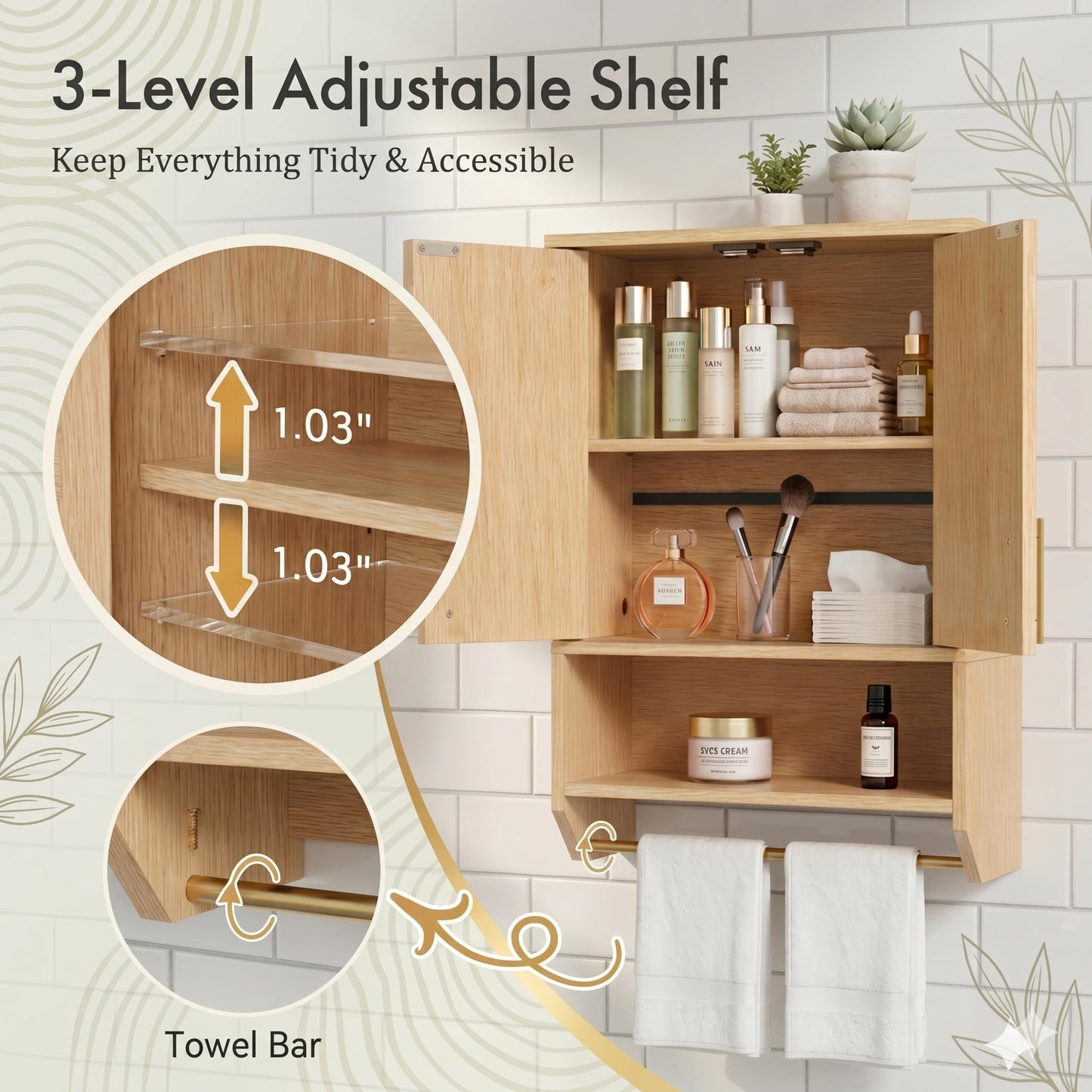 HOOBRO Bathroom Wall Cabinet, Wall Mounted Bathroom Cabinet with Towel Rack, Bathroom Storage Cabinet with Adjustable Shelf