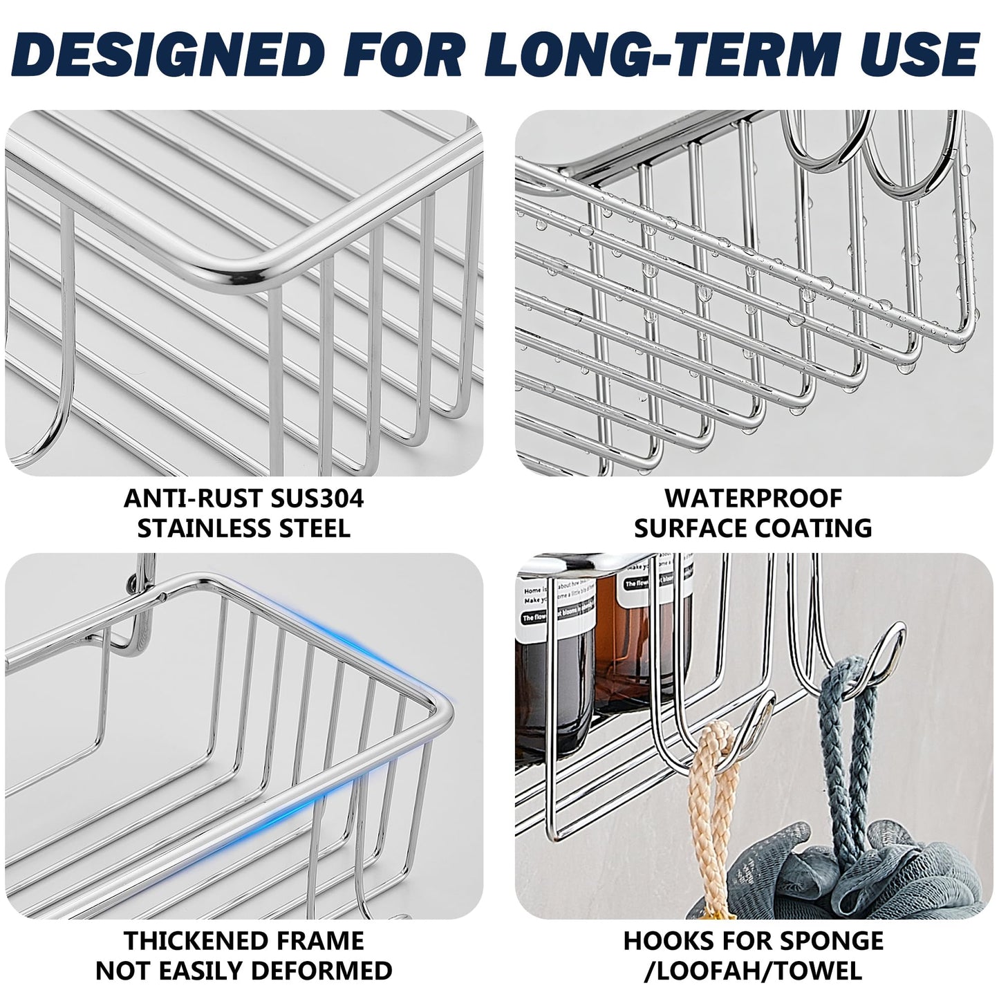 GERUIKE Hanging Shower Caddy Basket No Drilling Bathroom Shelf Over Shower Tap, Easy to Attach Single-Tier Organiser with Hooks