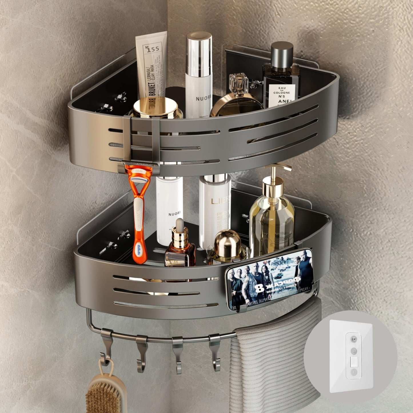Voldra Corner Shower Caddy No Drilling, Adhesive Bathroom Corner Shelves Wall Mounted Stick On Bathroom Caddy Shower Organiser Rack With 8 Removable
