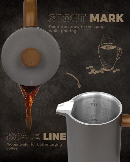 POLIVIAR Cafetiere 8 Cup, French Press Coffee Maker with Wood Handle, Double Walled Insulated Cafetiere &1 Extra Filter, Insulated 1L French Press for