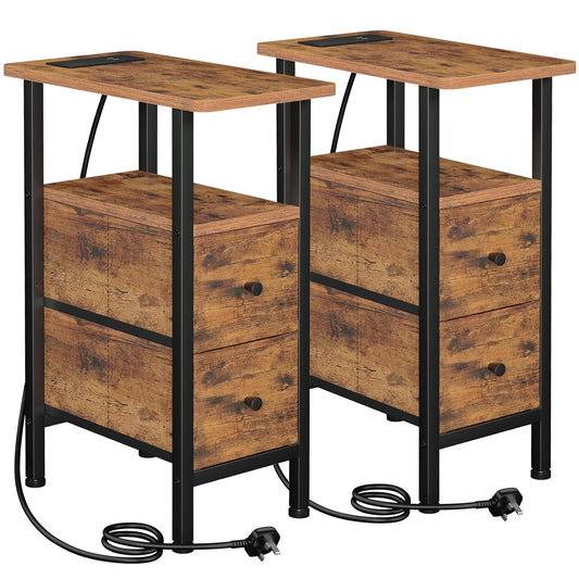 LOAKEKEL Slim Bedside Table Set of 2, Narrow Side Table with Charging Station, Sofa Table with 2 Fabric Drawers and Open Storage Shelf, Nightstand for