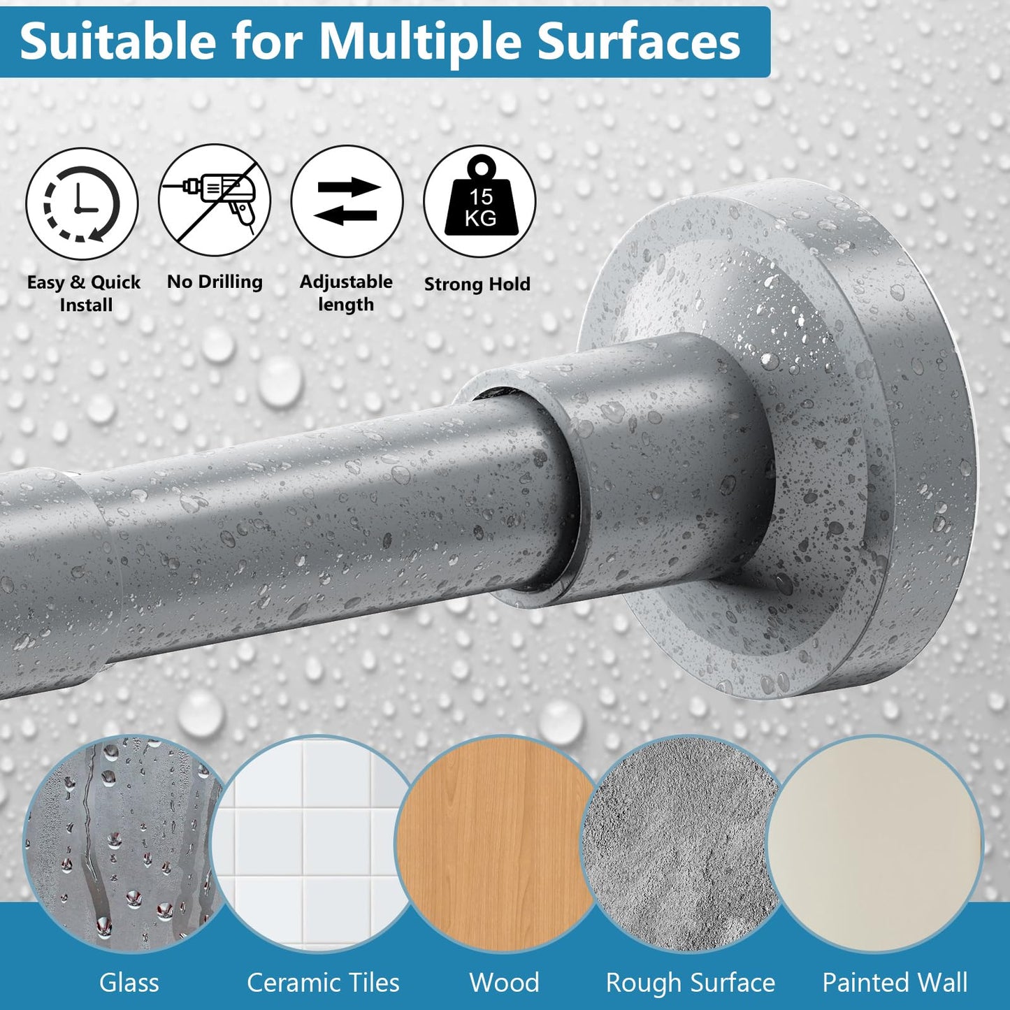 WELDUN Curtain Tension Rod Extendable, 48-190CM No Drill Telescopic Shower Curtains Rail, Adjustable Strong Spring Rod for Window Bathroom, Bedroom