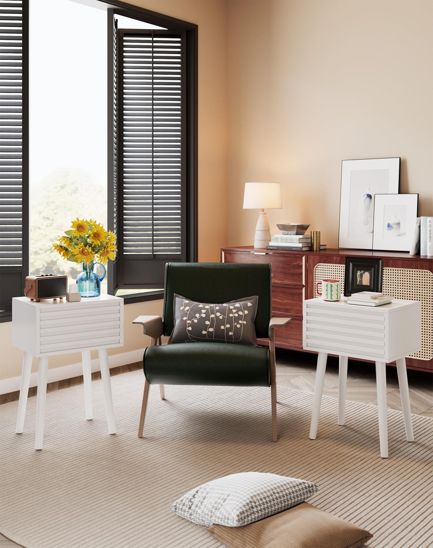 YMYNY Fluted Nightstand Set of 2, Small Bedside Table, Mid-Century Modern End Table, Push-to-Open Door, Solid Wood Legs, 35x27x53 cm, for Living Room