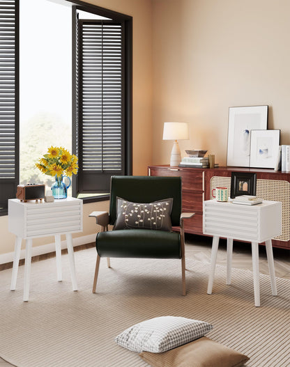 YMYNY Fluted Nightstand Set of 2, Small Bedside Table, Mid-Century Modern End Table, Push-to-Open Door, Solid Wood Legs, 35x27x53 cm, for Living Room