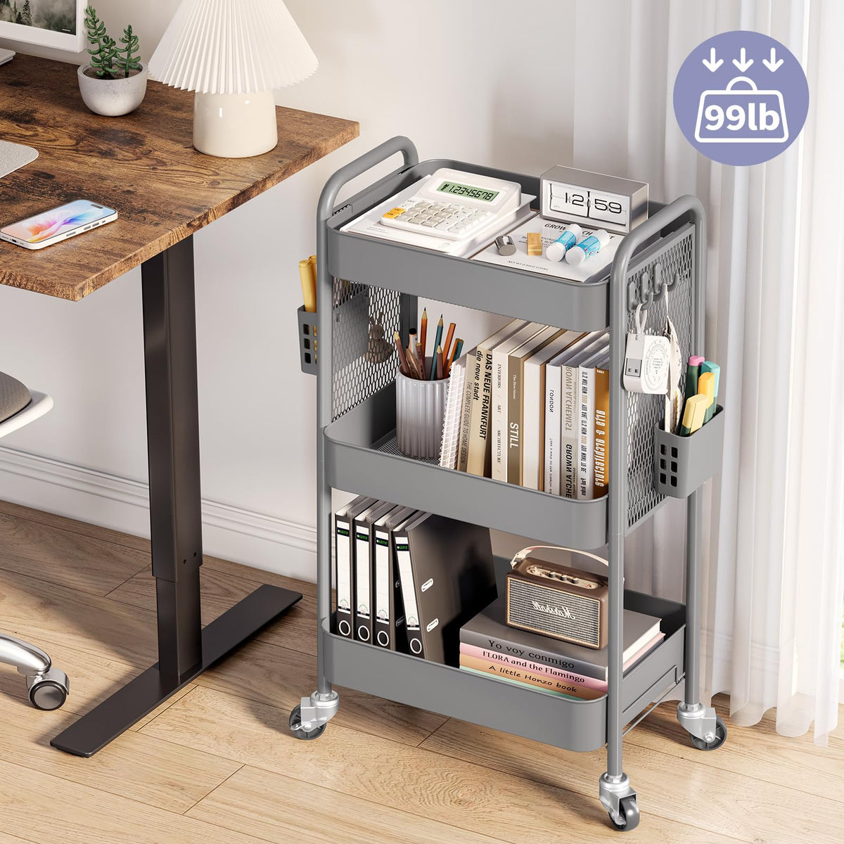 Urackify 3 Tier Storage Trolley on Wheels, Grey