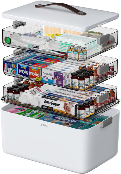 CTIME Extra Large 4 -Tier Medication Organizer - Portable with Leather Handle, Ideal for Household and Travel 14.6 x 9.6 x 12. 6 in Family First Aid