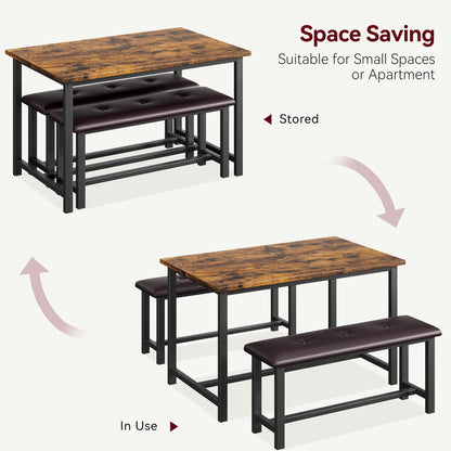 GarveeHome Dining Table with 2 Benches, 3 Piece Kitchen Table Set, Space Saving Dining Room Furniture, Metal Frame