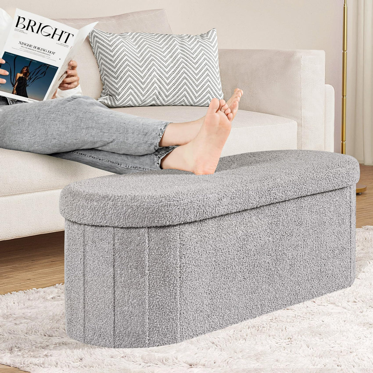 PINPLUS Foldable Oval Ottoman Storage Bench, Grey, 110x38x38 cm