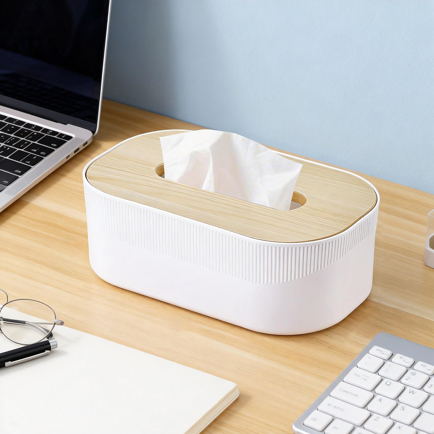Tuevob Tissue Box Holder with Wooden Top Rectangular Cube Toilet Facial Paper Towel Wet Wipe Dispenser Tissue Box Car Bathroom Kitchen Decorative