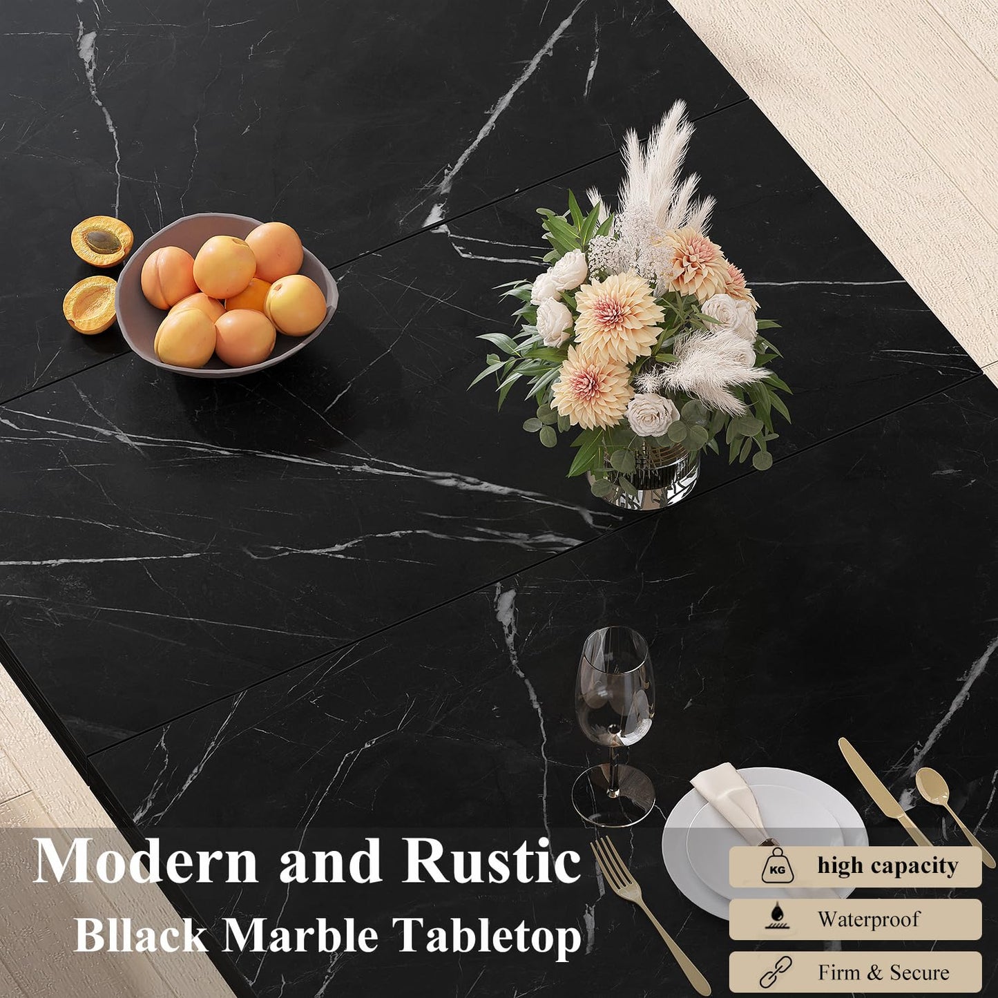 HSH Dining Table Modern Rectangle Kitchen Dinner Table 140cm Black Marble