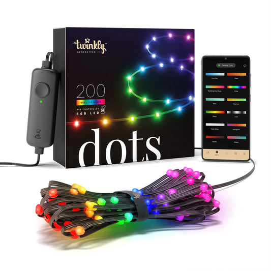 Twinkly Dots 10m, Flexible RGB LED Strip, in- and Outdoor, Compatible with Alexa and Google Home, IP44, 16 M+ Colors, App Control, Black Wire, 200 LED